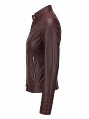 Women's Zippered Accents Burgundy Leather Jacket Left 