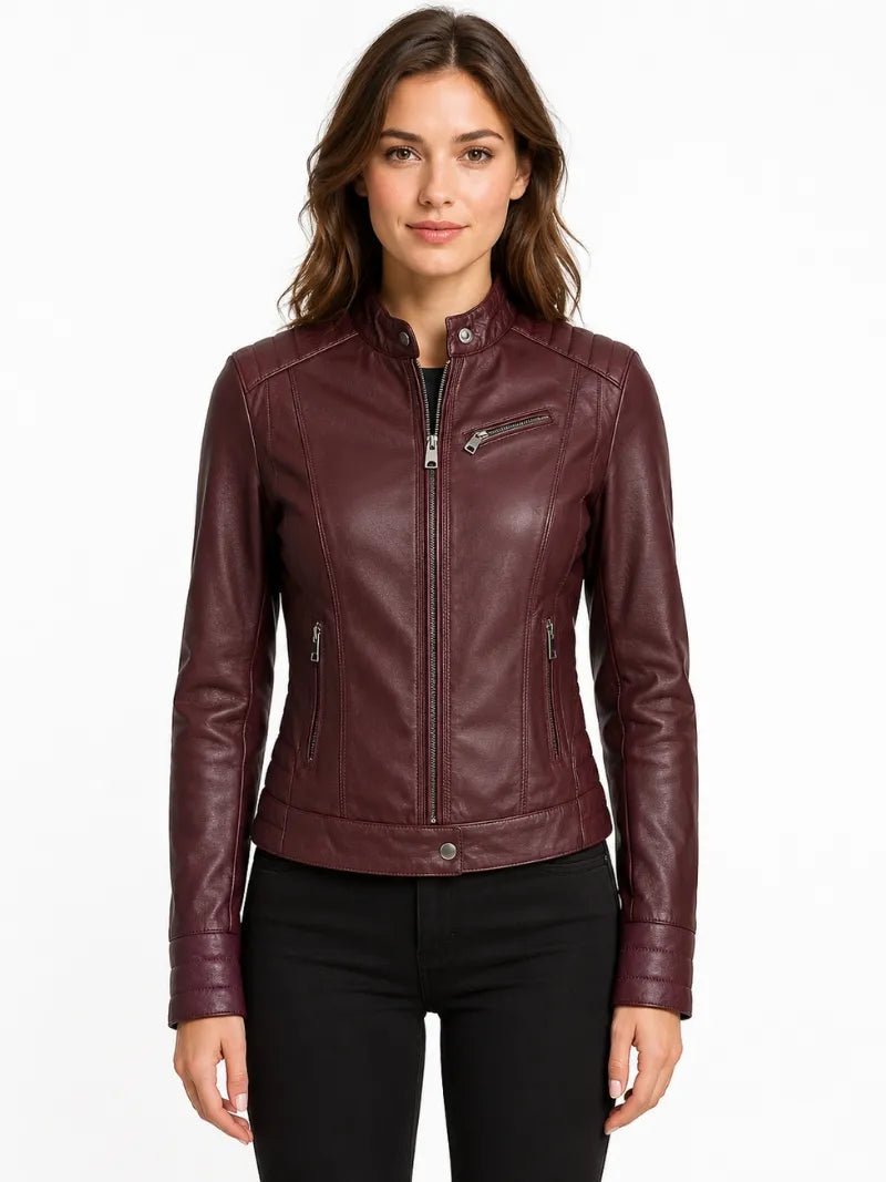 Women's Zippered Accents Burgundy Leather Jacket Full