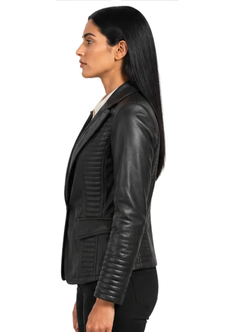 Women's black sheepskin leather jacket, lining detail