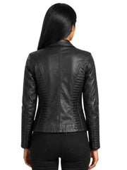 Women's black sheepskin leather jacket, back view