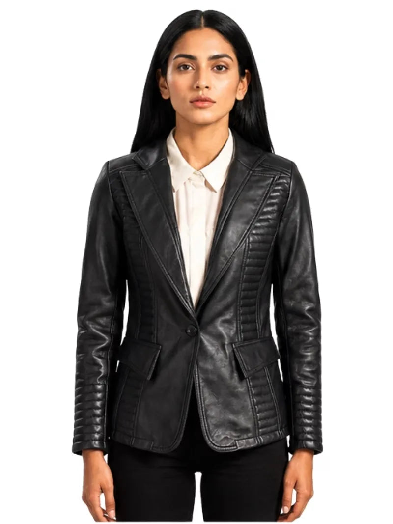 Women's black sheepskin leather jacket, front view