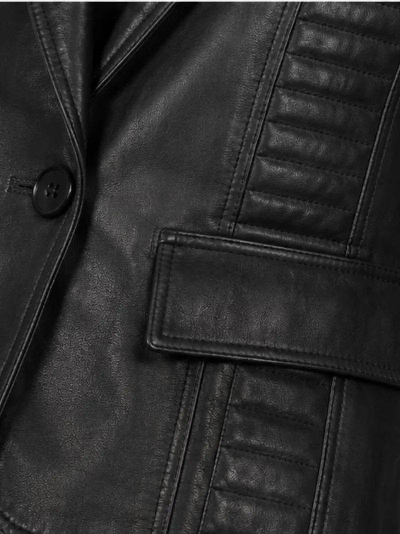 Women's black sheepskin leather jacket, zip and closure detail