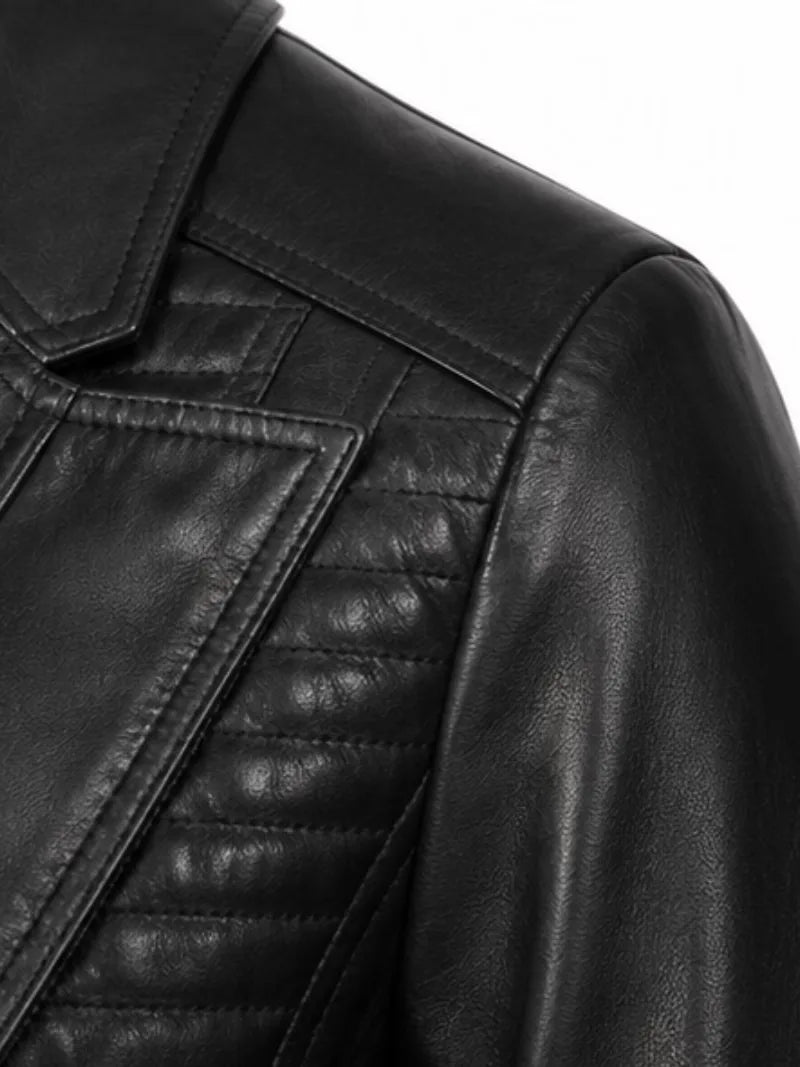 Women's black sheepskin leather jacket, collar detail