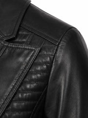 Women's black sheepskin leather jacket, collar detail