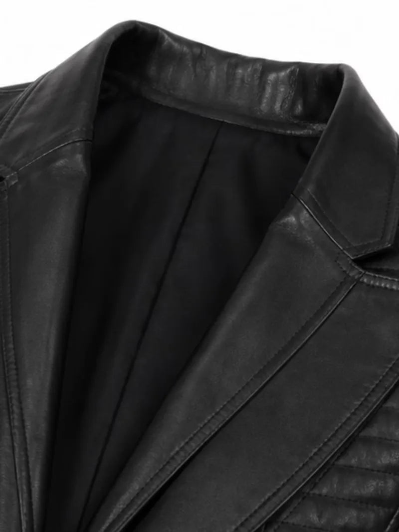 Women's black sheepskin leather jacket, side view