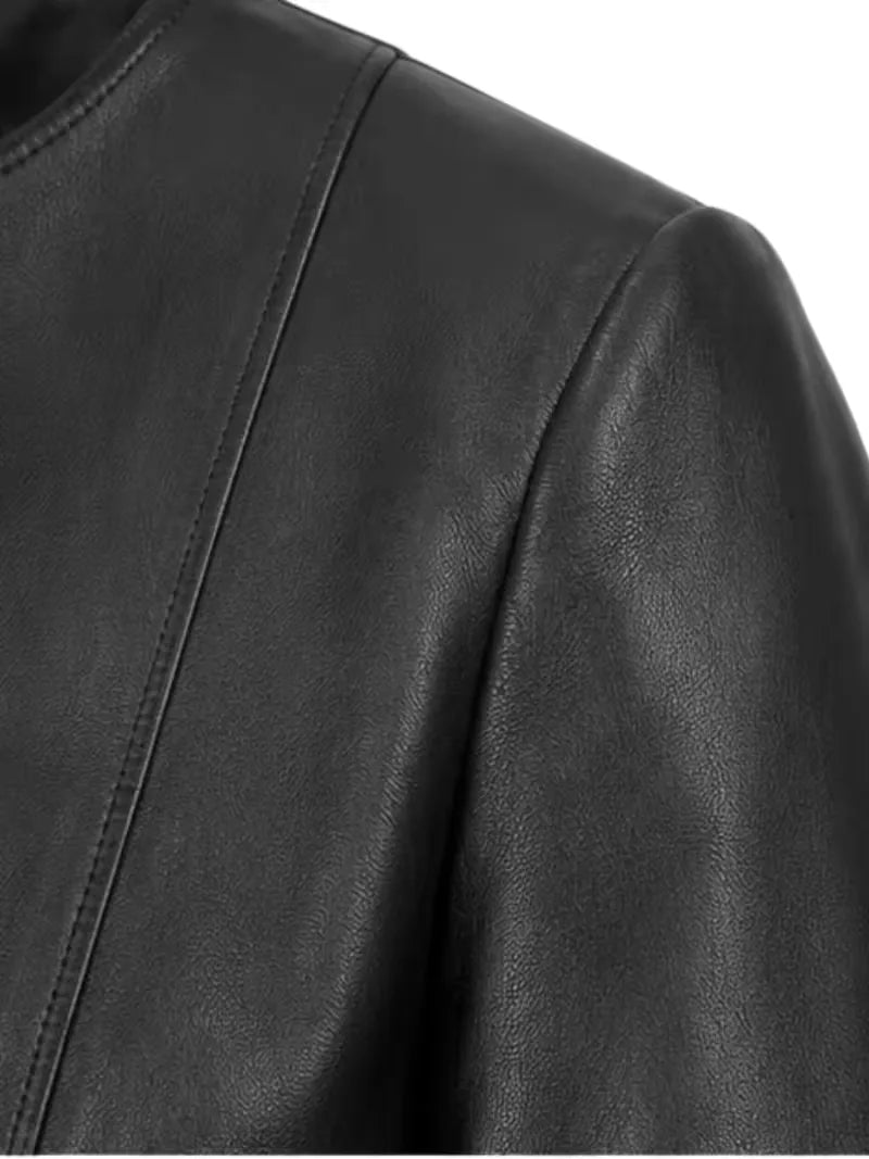 Women's black sheepskin collarless leather jacket, collar detail