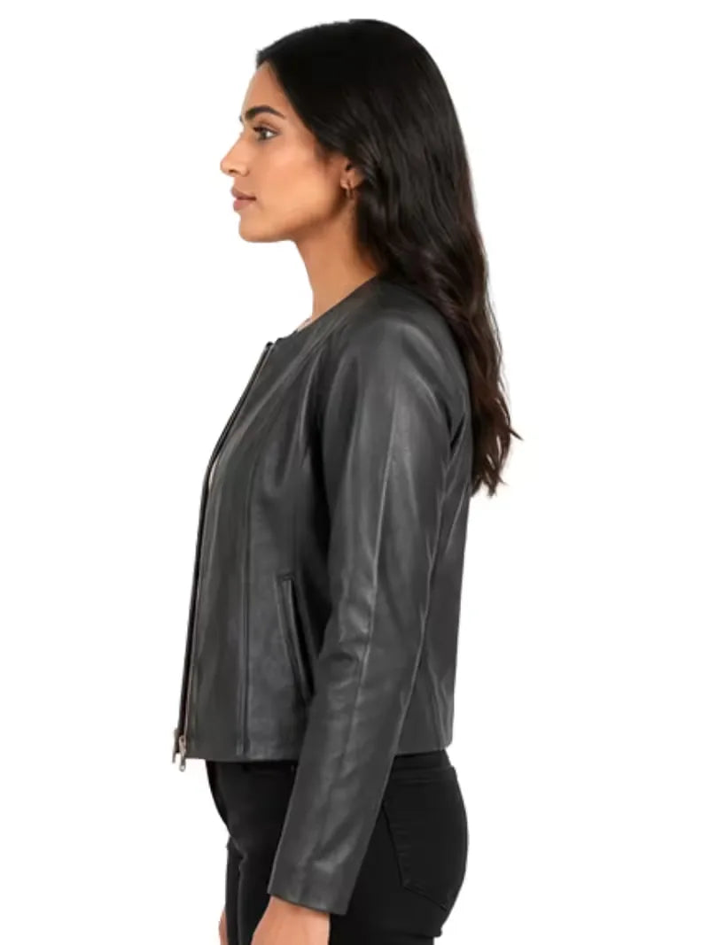 Women's black sheepskin collarless leather jacket, lining detail