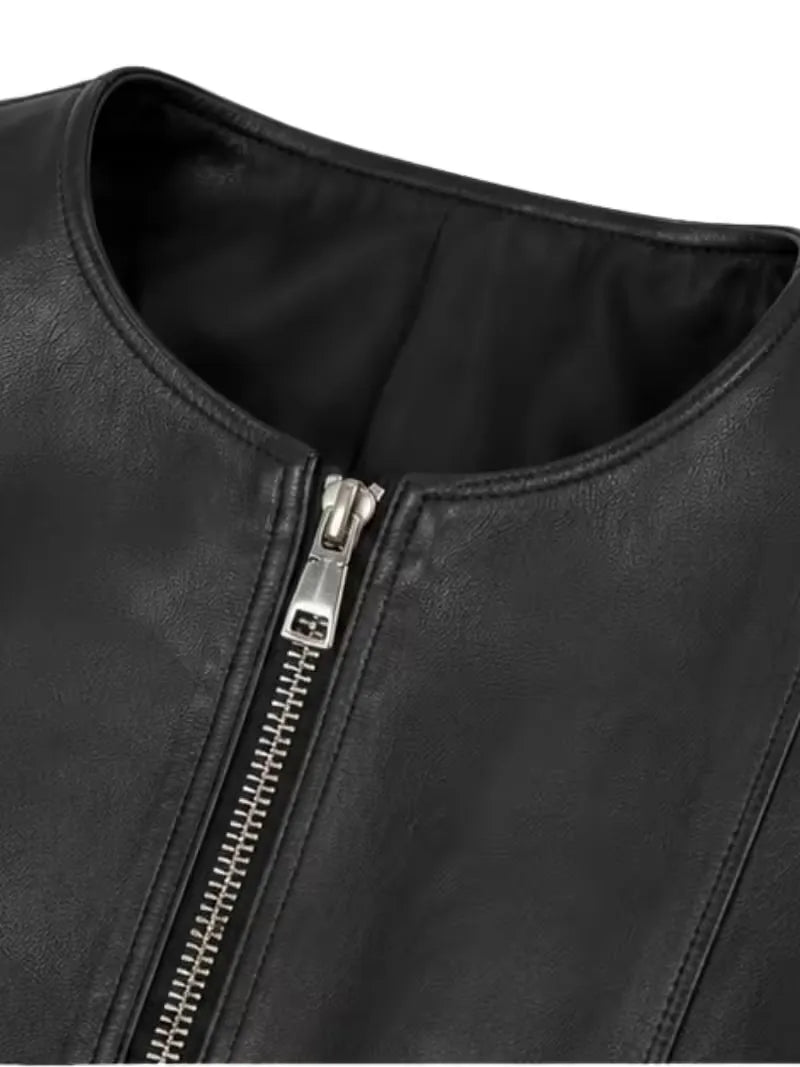 Women's black sheepskin collarless leather jacket, side view