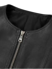 Women's black sheepskin collarless leather jacket, side view