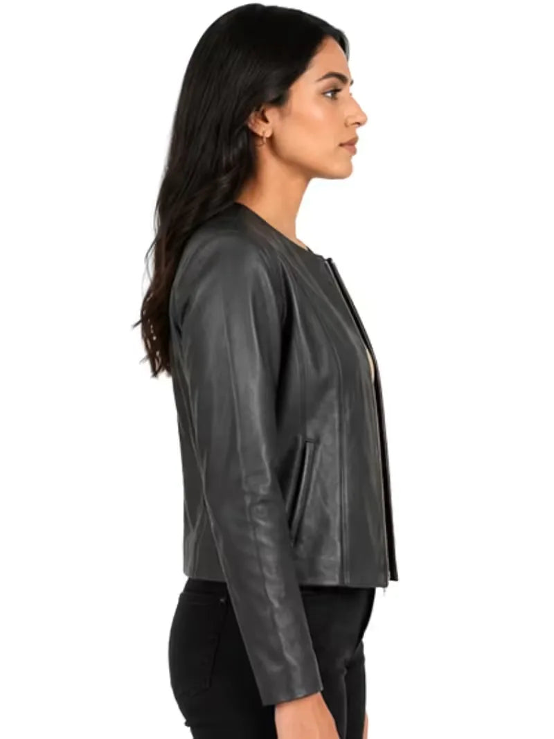 Women's black sheepskin collarless leather jacket, pocket detail