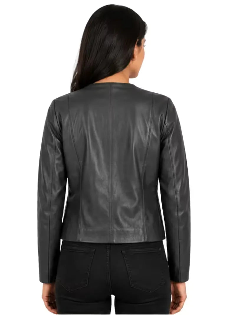 Women's black sheepskin collarless leather jacket, back view