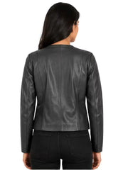 Women's black sheepskin collarless leather jacket, back view