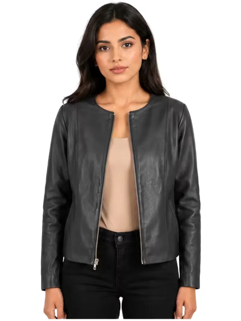 Women's black sheepskin collarless leather jacket, front view