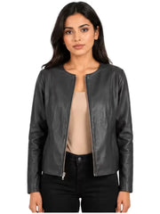 Women's black sheepskin collarless leather jacket, front view