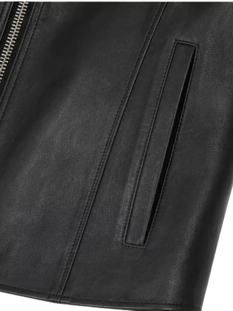 Women's black sheepskin collarless leather jacket, zip and closure detail