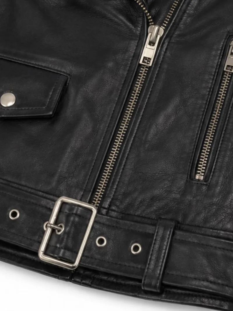Women's black sheepskin leather biker jacket, zip and closure detail