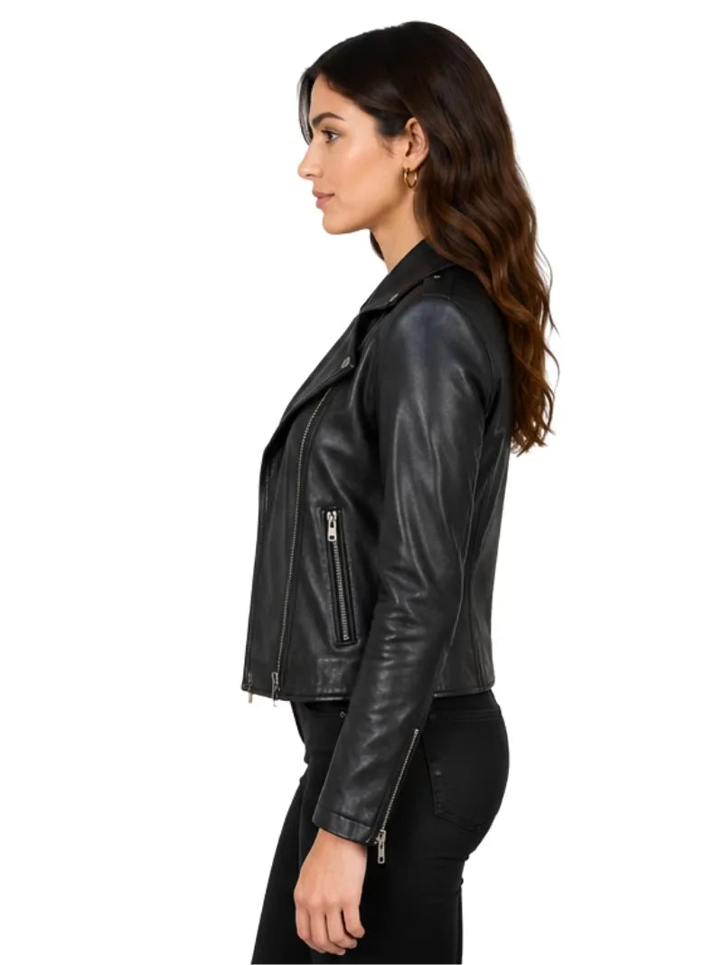 Women's black sheepskin leather biker jacket, lining detail