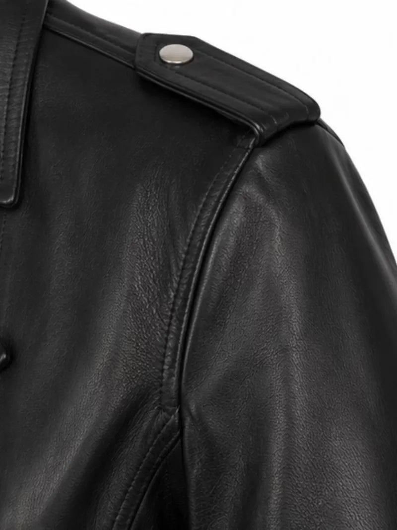 Women's black sheepskin leather biker jacket, collar detail
