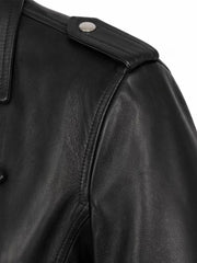 Women's black sheepskin leather biker jacket, collar detail