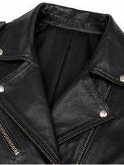 Women's black sheepskin leather biker jacket, side view