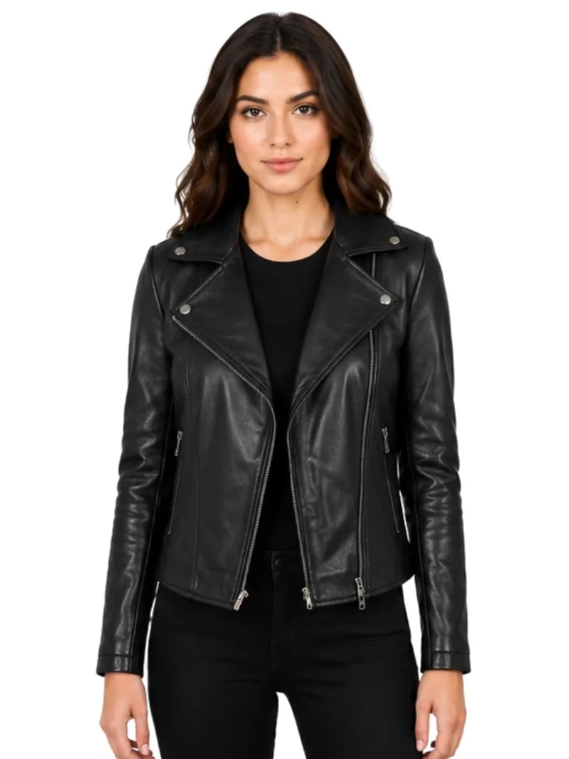 Women's black sheepskin leather biker jacket, front view