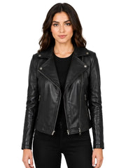 Women's black sheepskin leather biker jacket, front view