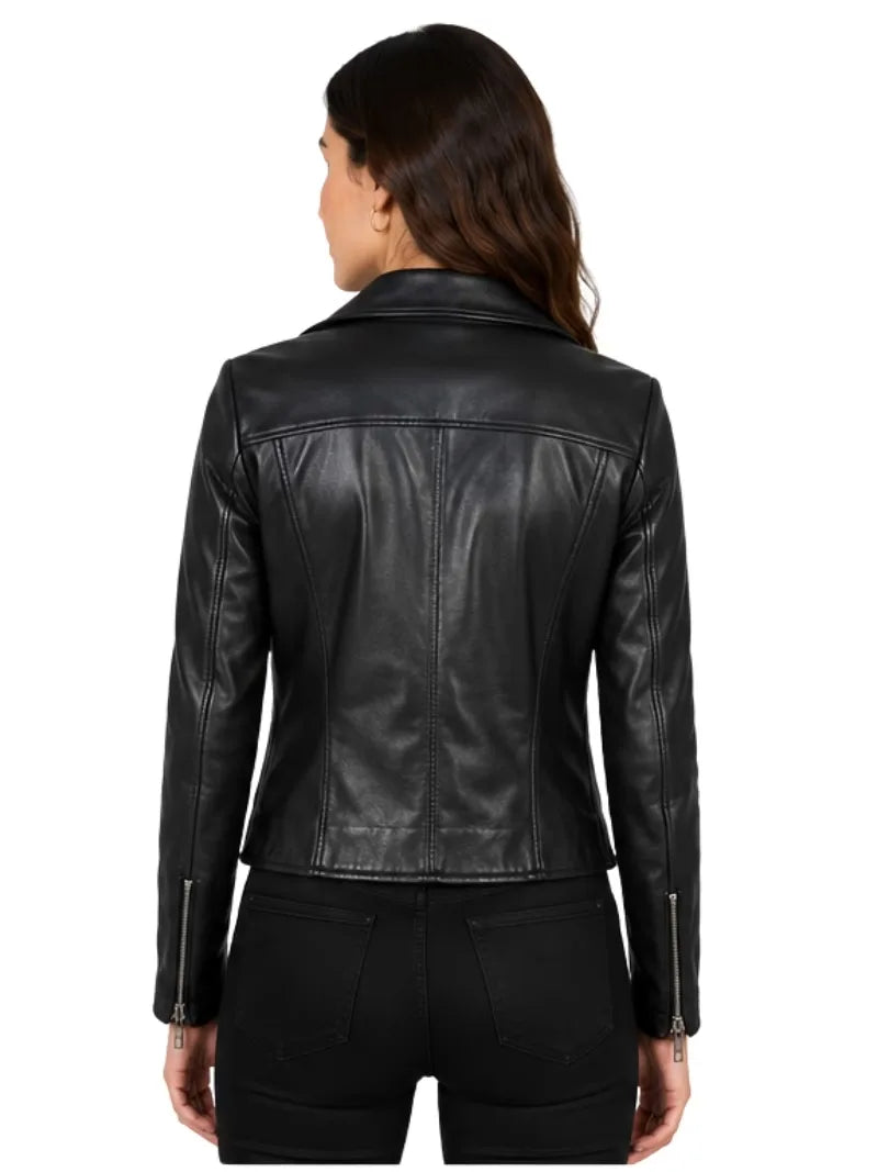 Women's black sheepskin leather biker jacket, back view