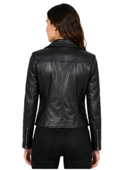 Women's black sheepskin leather biker jacket, back view