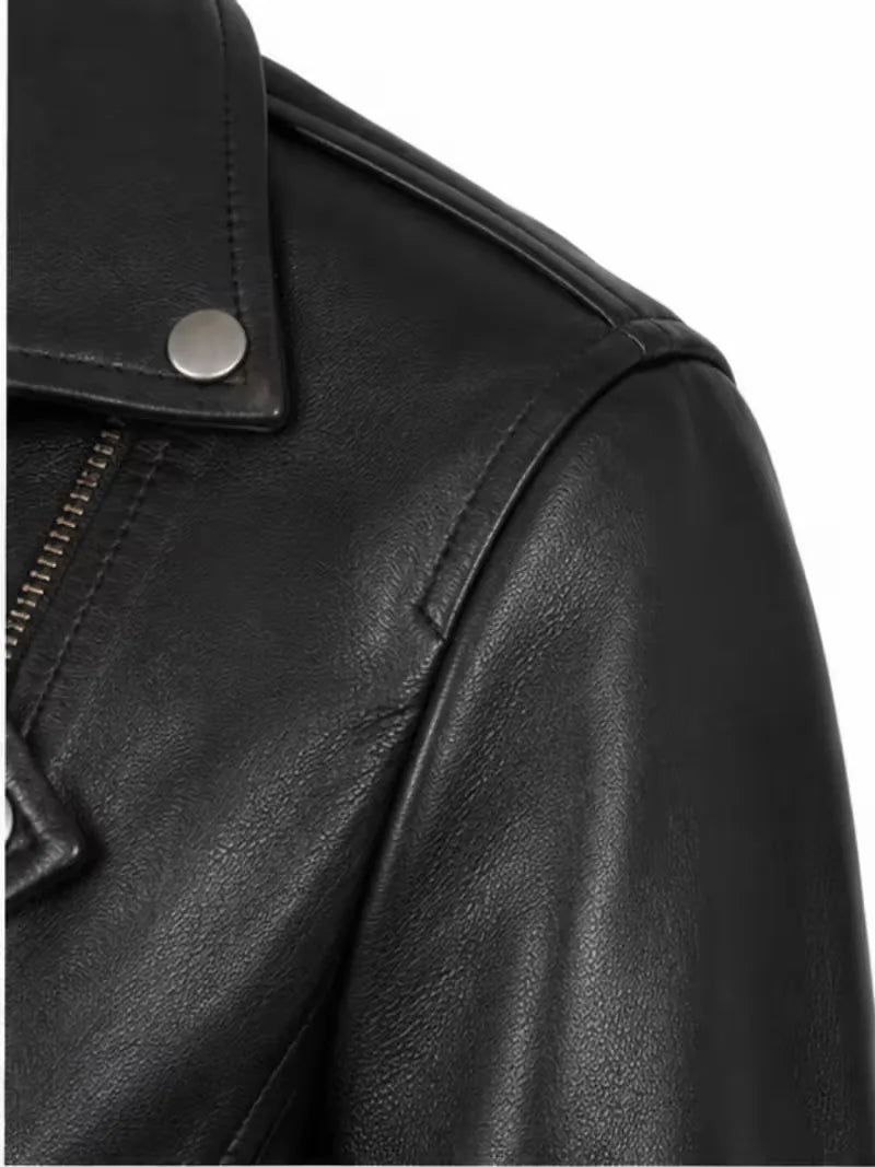Women's black sheepskin leather biker jacket, collar detail