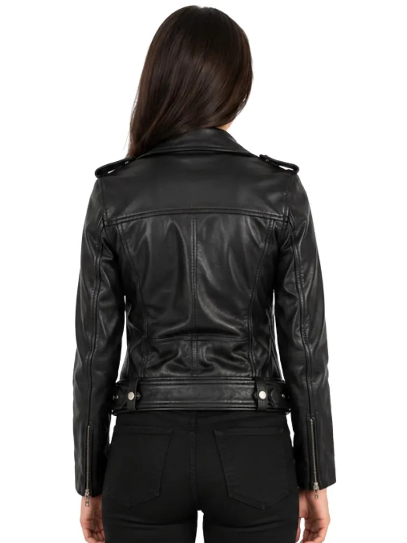 Women's black sheepskin leather biker jacket, back view