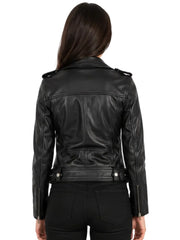 Women's black sheepskin leather biker jacket, back view