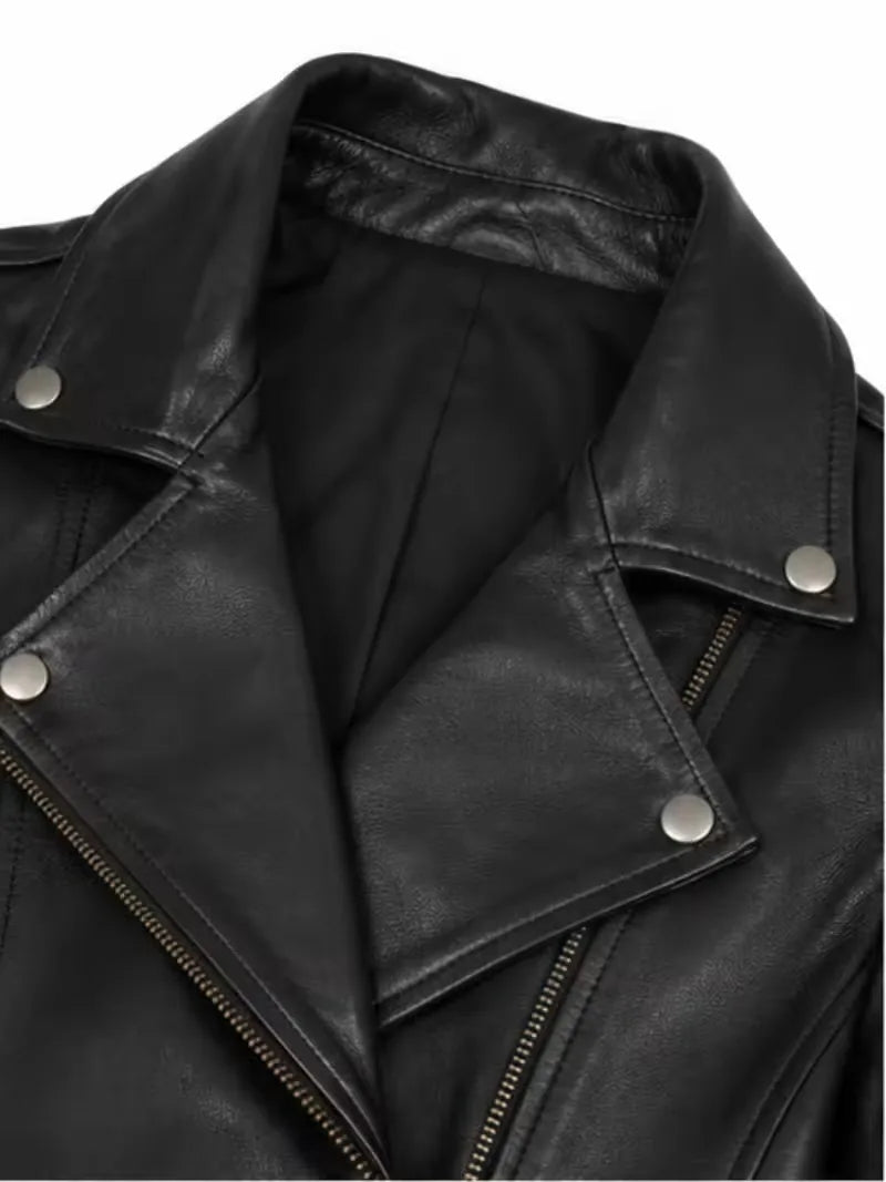 Women's black sheepskin leather biker jacket, side view