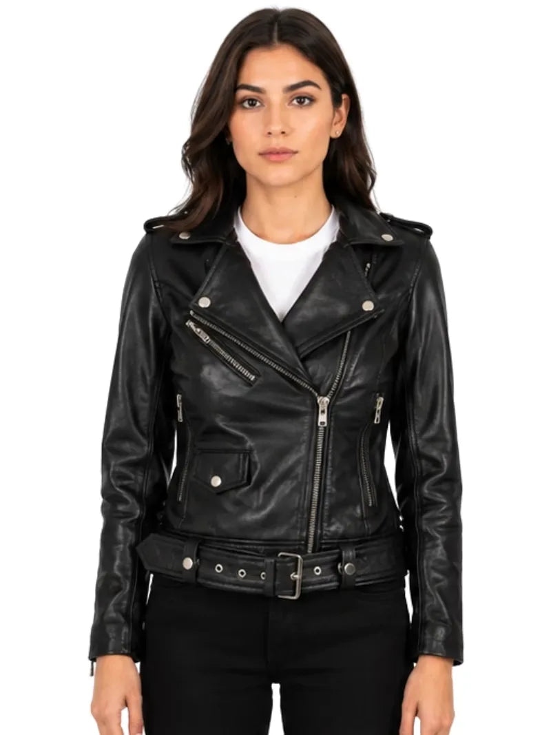 Women's black sheepskin leather biker jacket, front view