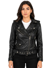 Women's black sheepskin leather biker jacket, front view