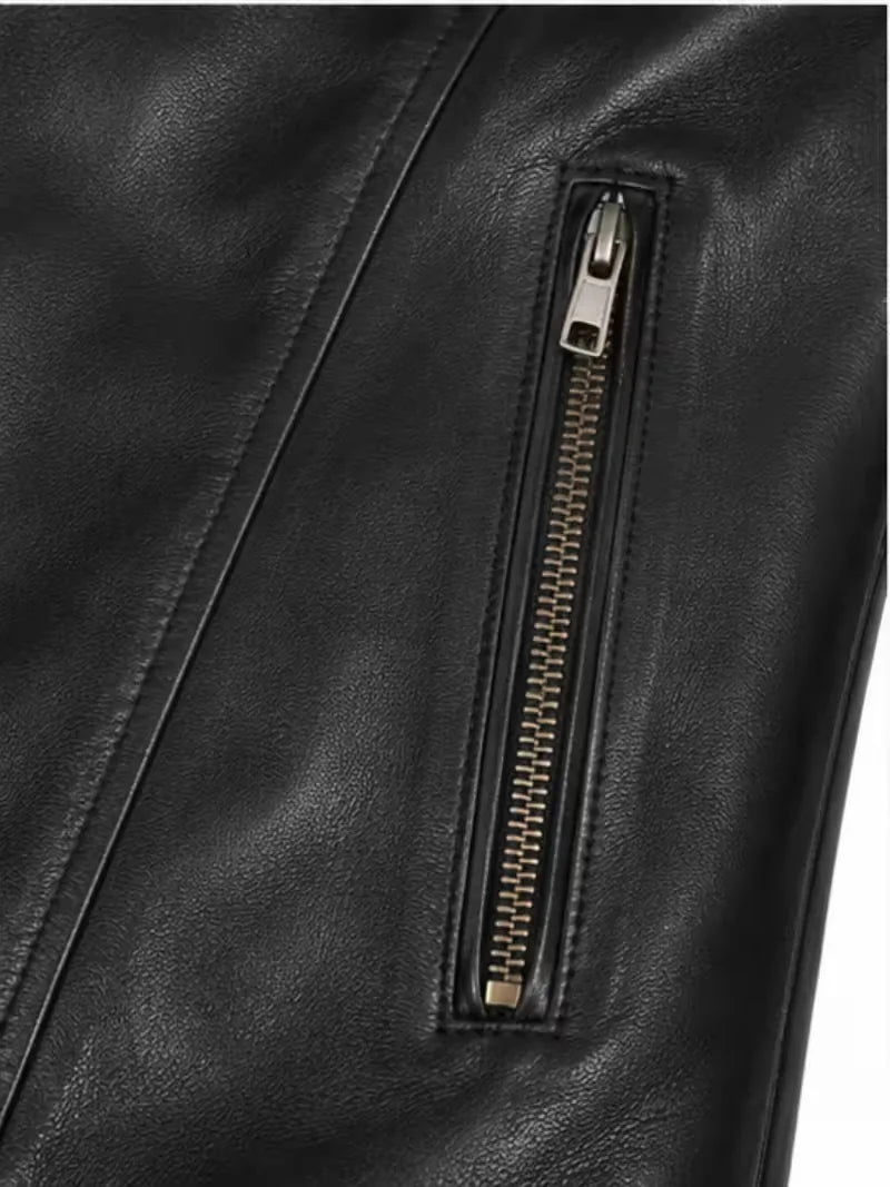 Women's black sheepskin leather biker jacket, zip and closure detail