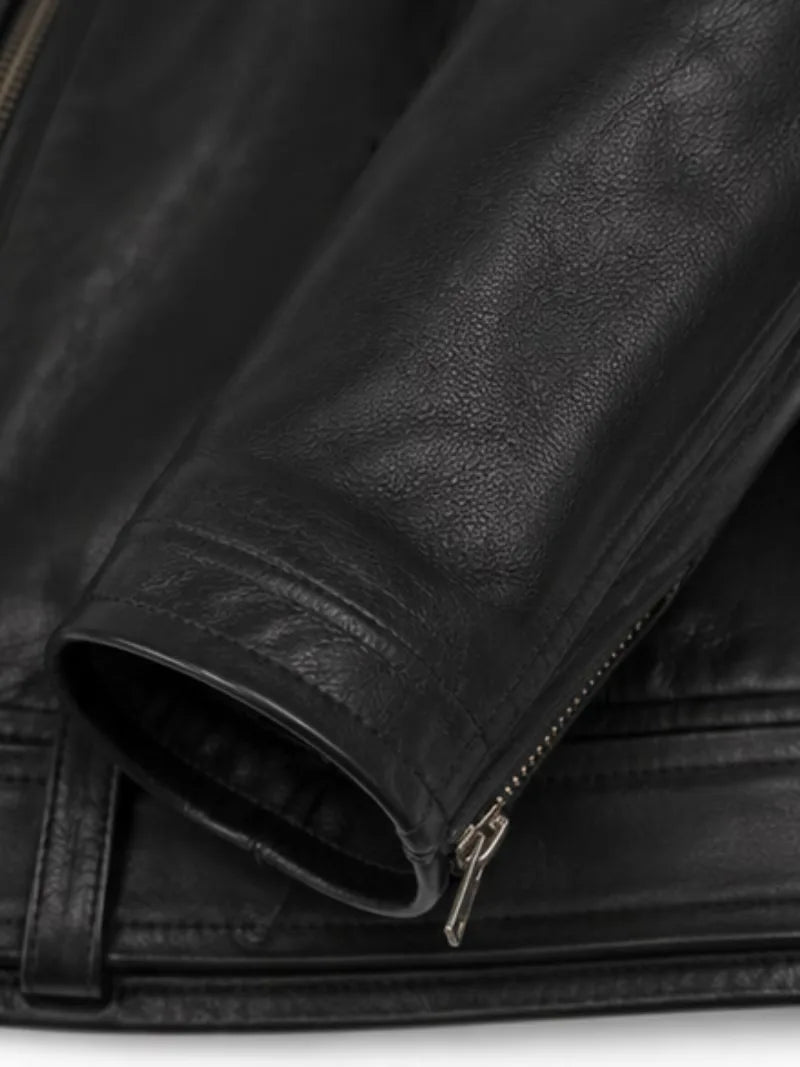 Women's black sheepskin leather biker jacket, cuff detail