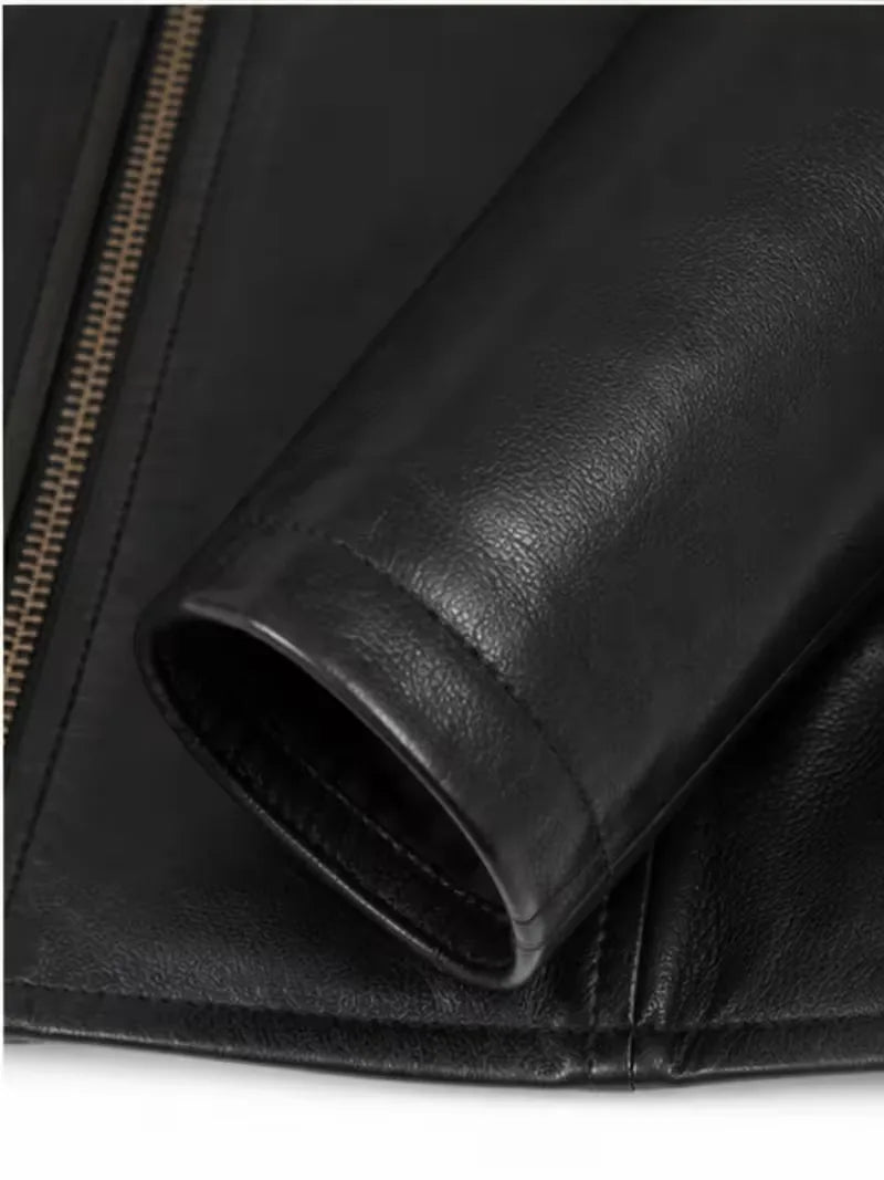 Women's black sheepskin leather biker jacket, cuff detail