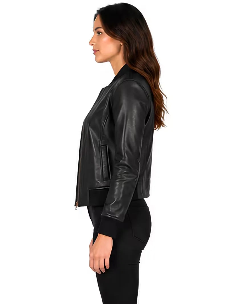 Women's black cowhide leather bomber jacket, lining detail