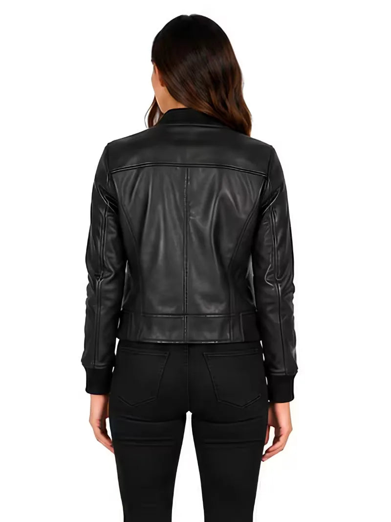 Women's black cowhide leather bomber jacket, back view
