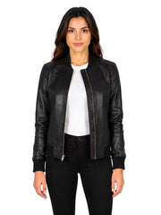 Women's black cowhide leather bomber jacket, front view