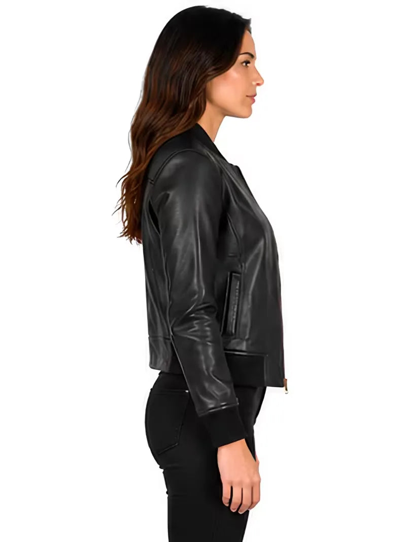 Women's black cowhide leather bomber jacket, pocket detail