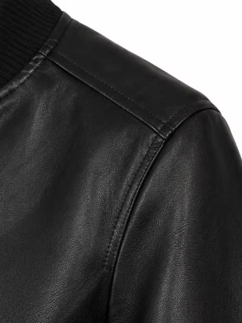 Women's black cowhide leather bomber jacket, collar detail