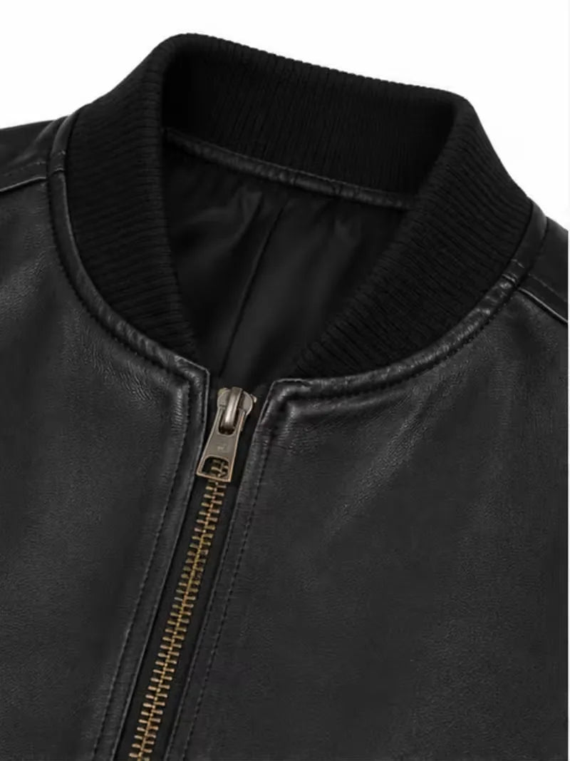 Women's black cowhide leather bomber jacket, side view