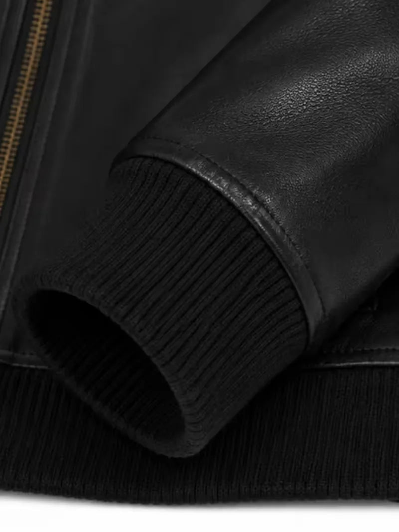 Women's black cowhide leather bomber jacket, cuff detail