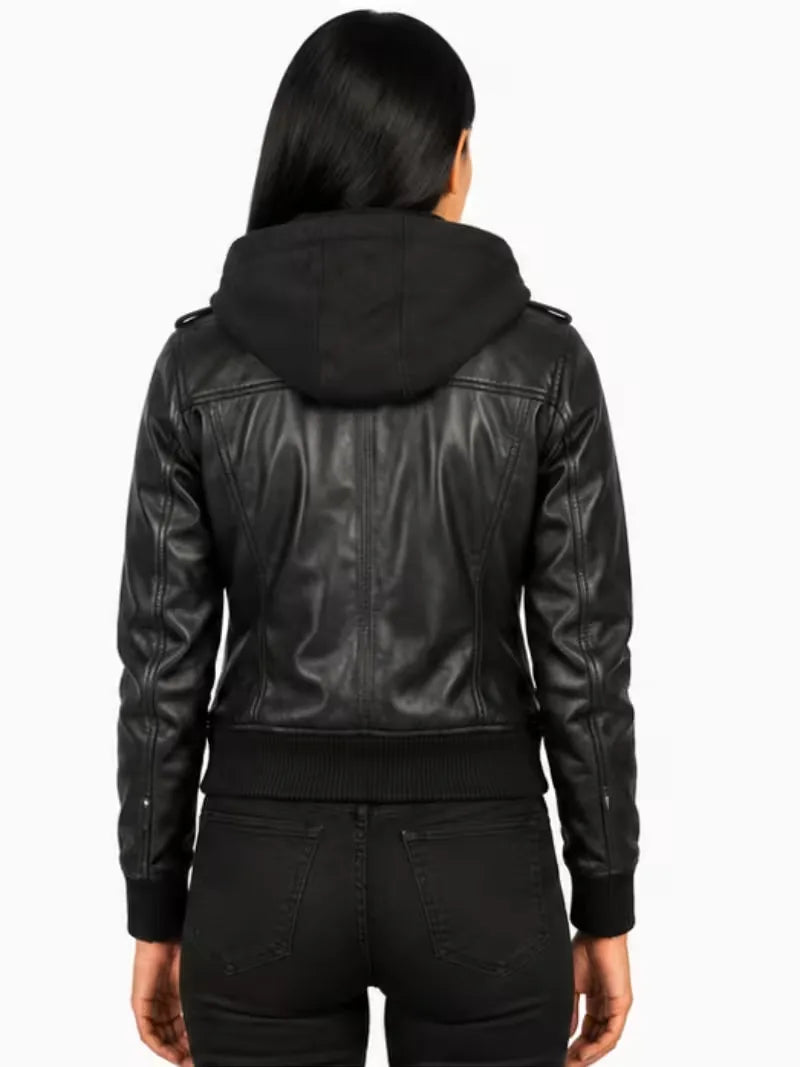 Women's black sheepskin leather hooded jacket, back view