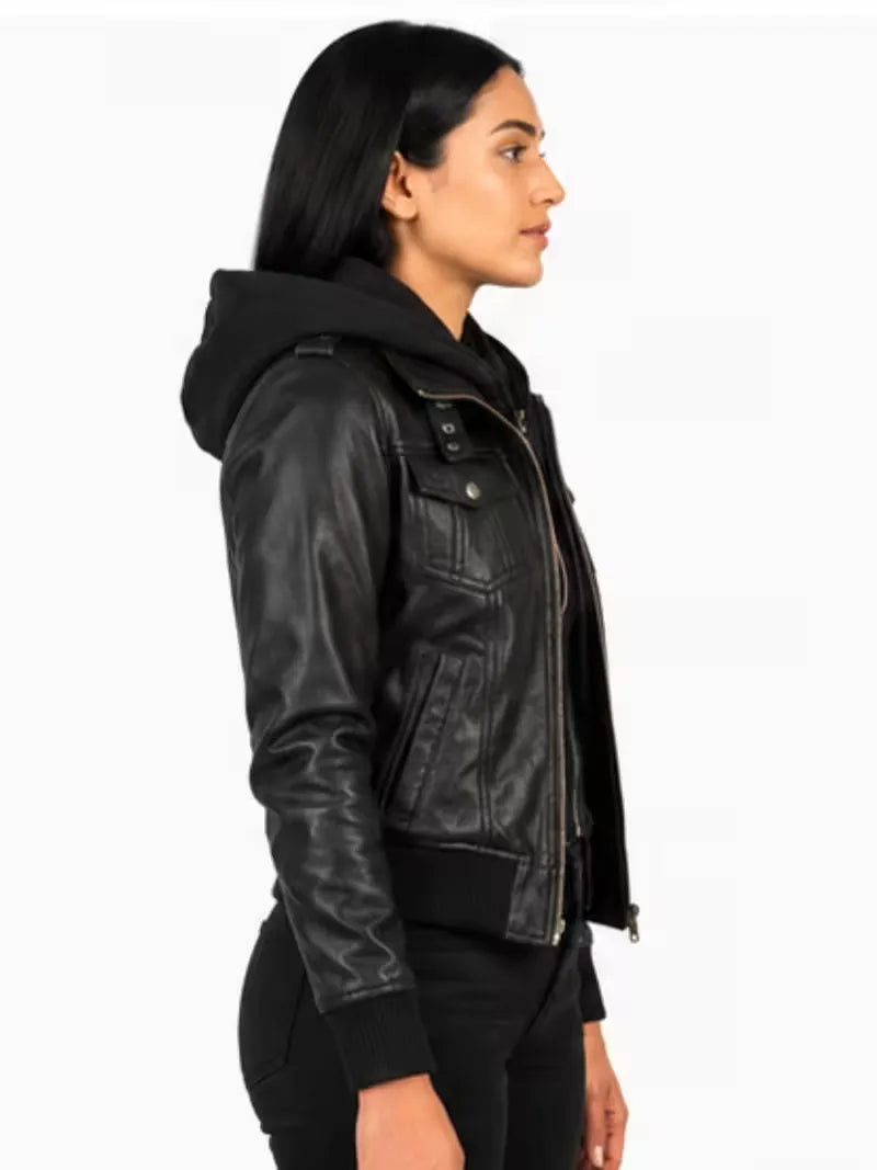 Women's black sheepskin leather hooded jacket, pocket detail