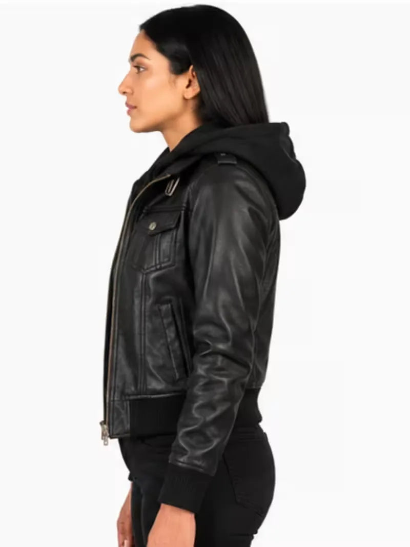 Women's black sheepskin leather hooded jacket, lining detail