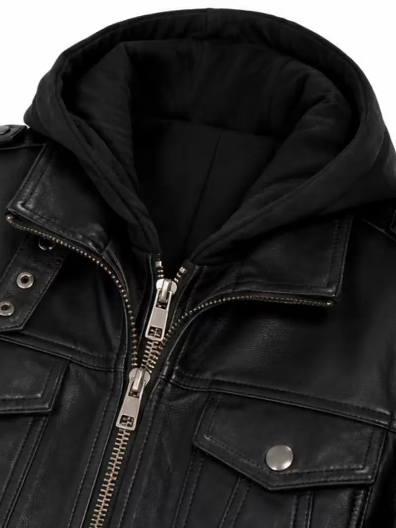 Women's black sheepskin leather hooded jacket, side view