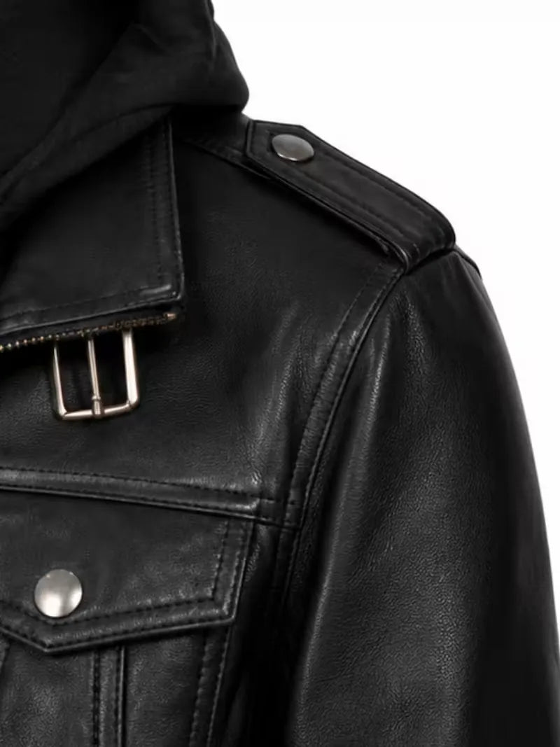 Women's black sheepskin leather hooded jacket, collar detail