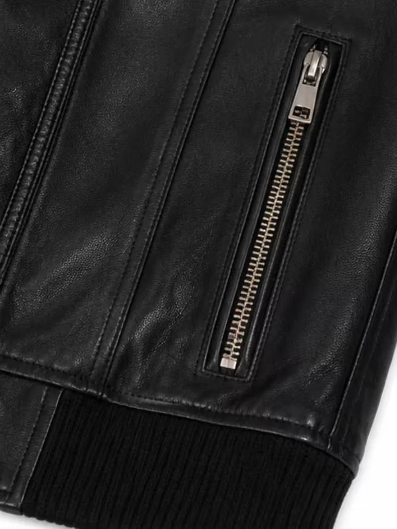 Women's black sheepskin leather hooded jacket, zip and closure detail